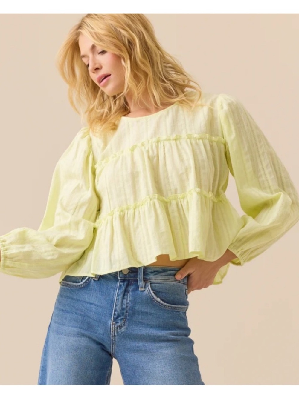 NWT- Altar'd State 100% Cotton Light Yellow-Green Babydoll Peasant Blouse